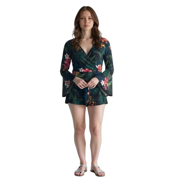 Womens Tropical Floral Bell Sleeve Romper - Picture 1 of 8